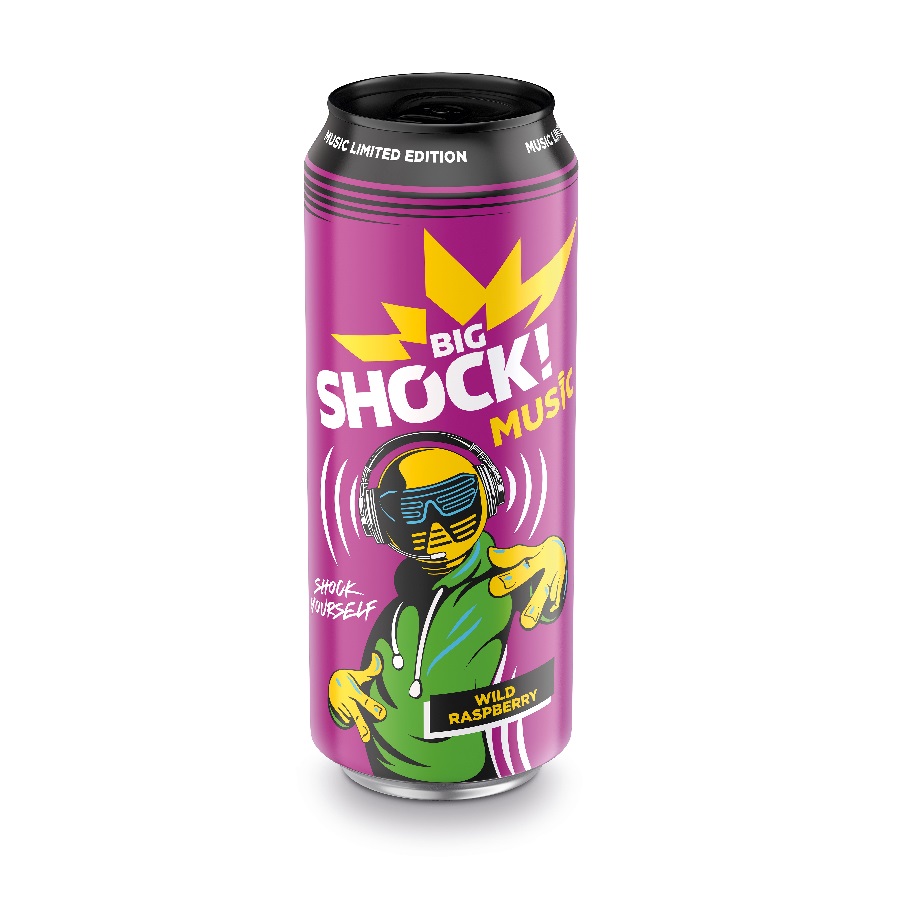 Ener.nápoj Shock 0.5l MUSIC wild raspberry plech